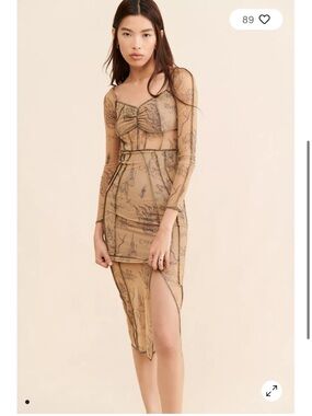 Urban Outfitters Trinity Sheer Mesh Midi Dress Tan Small